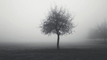 Solitary Tree in Foggy Landscape