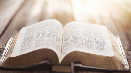 Close-up of open Bible on wooden table, sunlight illuminating sacred text, serene contemplative scene with ample copy space for text or design.