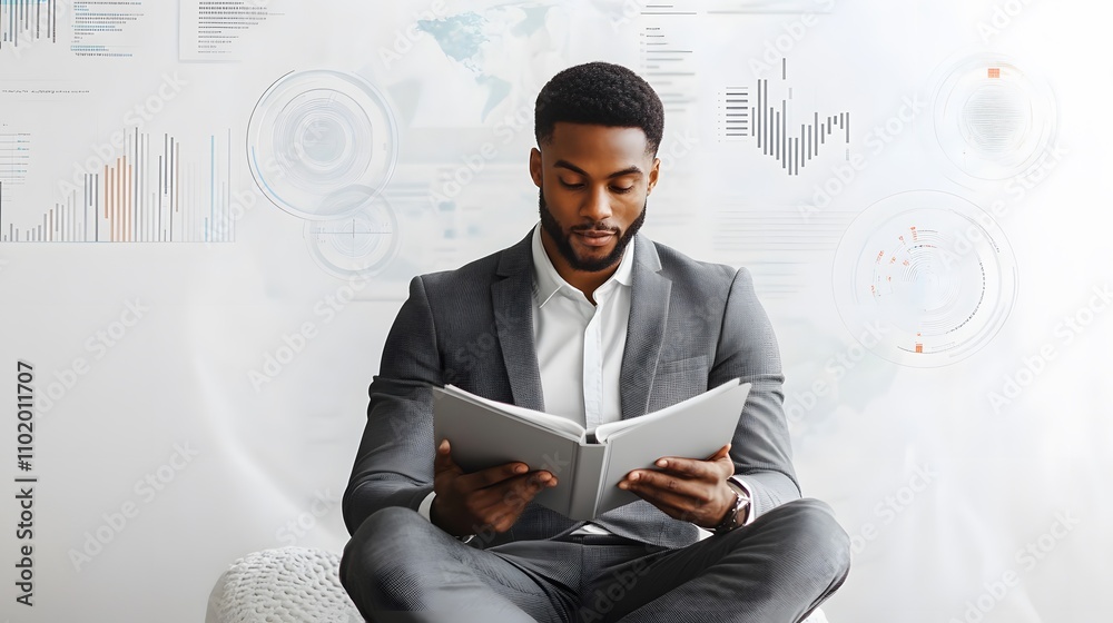 Poster A man in a classic gray suit sits cross-legged, holding an open booklet as detailed 3D charts hover above. The background is a plain, solid white studio backdrop