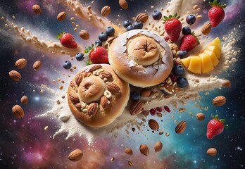 sweet buns with nuts and fruits on abstract background