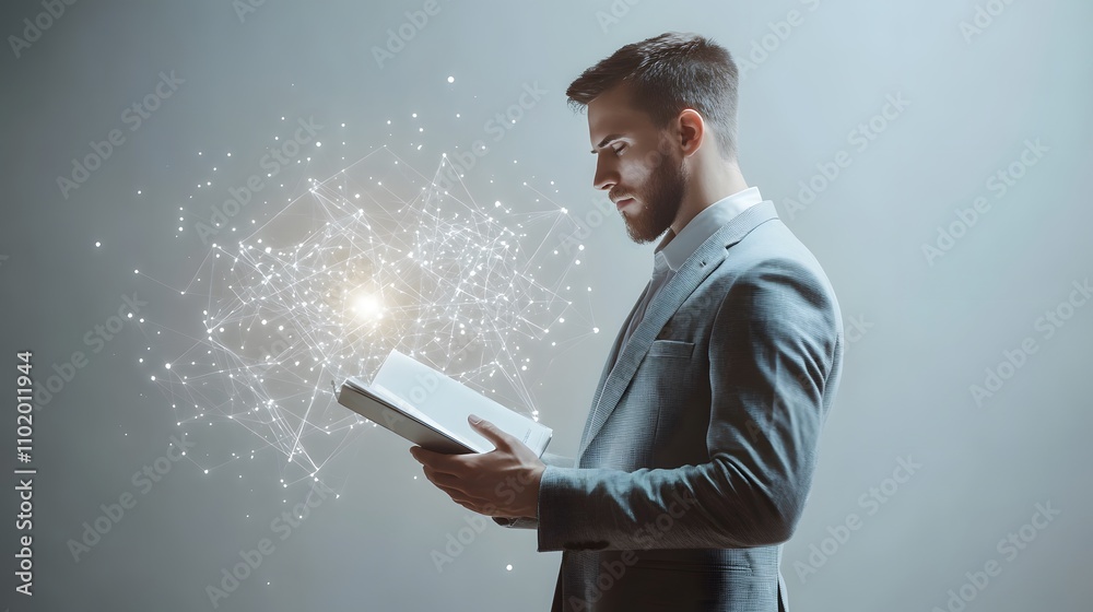 Poster A man in a tailored light gray suit gazes at a booklet in his hands, glowing 3D graphs hovering softly above. The background is a plain, solid white studio backdrop