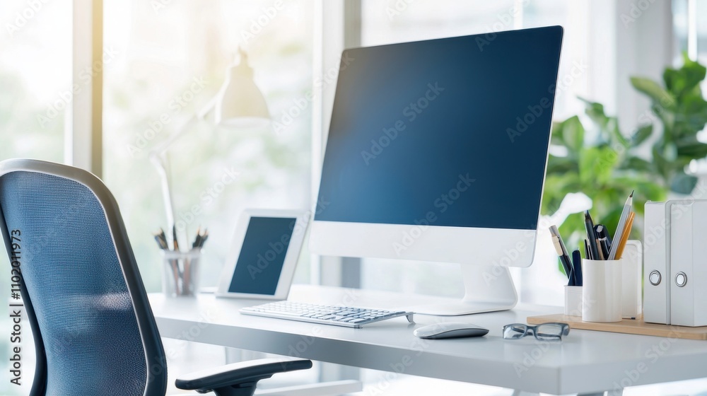 Poster a computer monitor sits on a desk with a keyboard and mouse