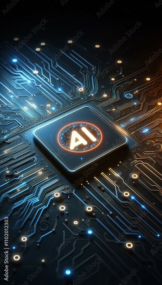 Poster futuristic circuit board with glowing ai symbol
