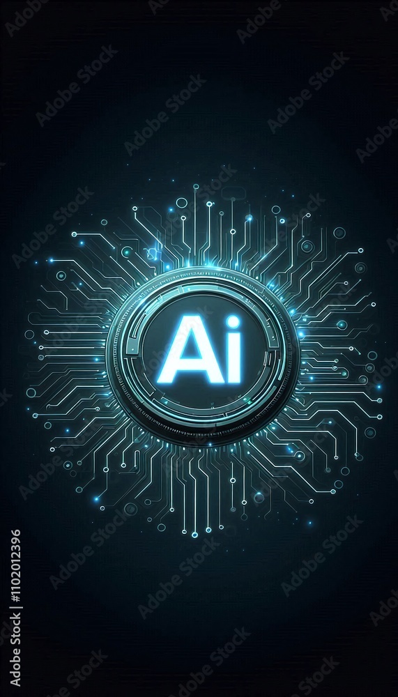 Poster futuristic circuit board with glowing ai symbol