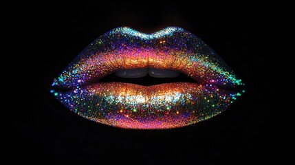 Naklejka premium Sparkling lips covered in vibrant glitter, reflecting captivating light and exuding glamor for a chic and stylish beauty vibe.
