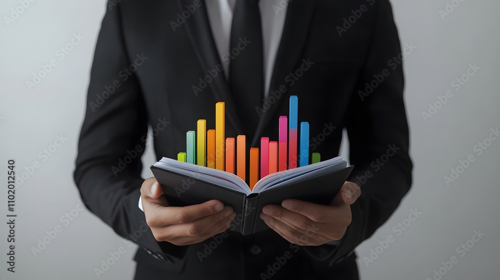 Aufkleber A man in a tailored black suit holds an open booklet with colorful 3D trend graphs hovering softly. The background is a plain, solid white studio backdrop