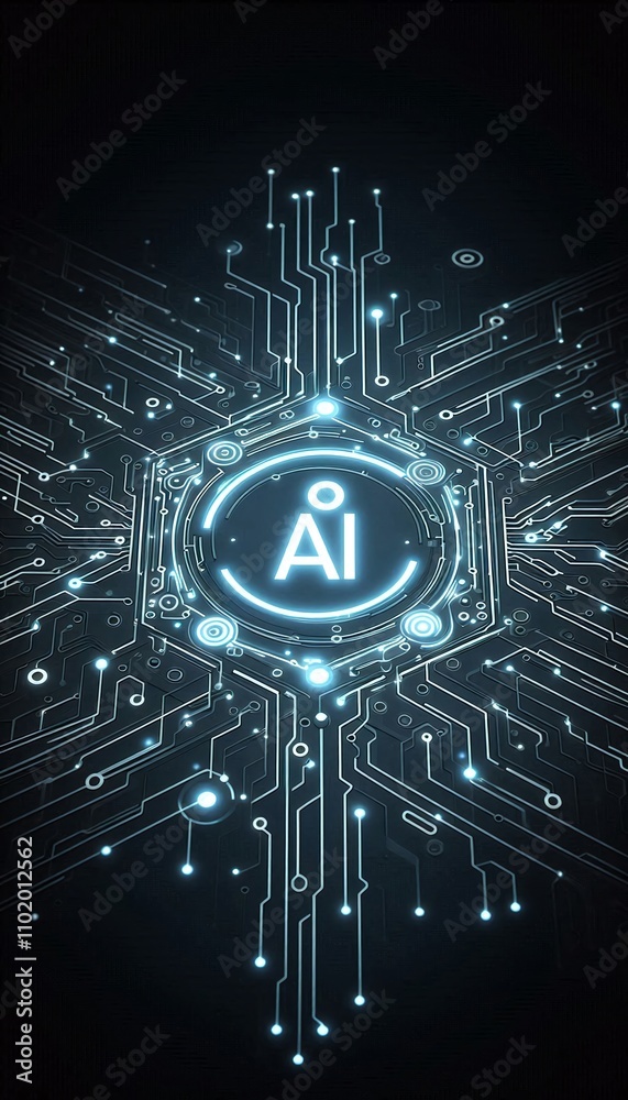 Poster futuristic circuit board with glowing ai symbol