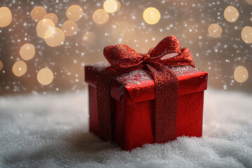 Red Christmas gift on snow background. Merry Christmas and Happy New Year greeting card. Christmas eve and holidays concept. Generated AI