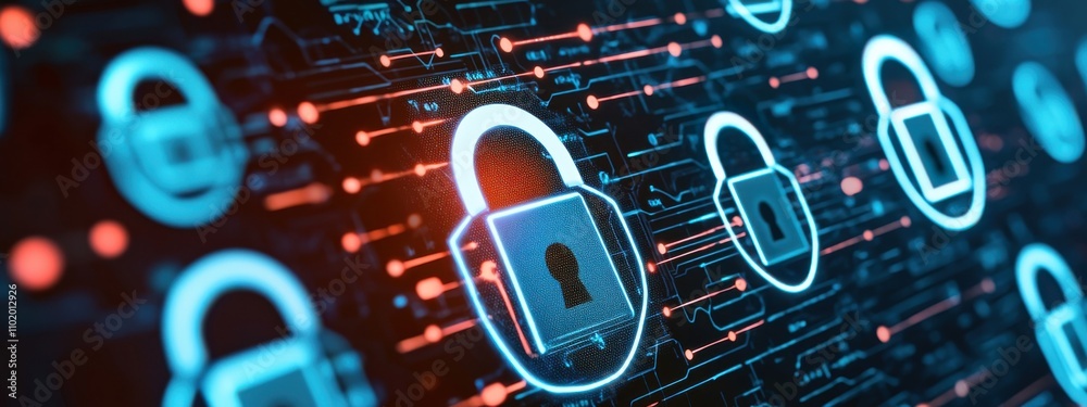Poster a computer screen with a red and blue background and a row of locks