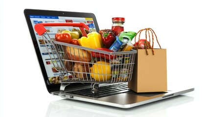 Online grocery shopping with laptop, cart, and paper bag filled with fresh produce and food items.