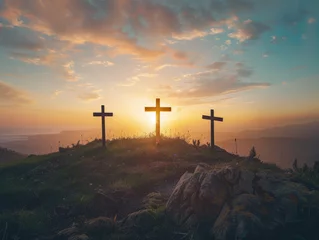 Selbstklebende Fototapeten Three christian crosses on the mountain at sunrise, the crucifixion of Jesus Christ © Stockistock