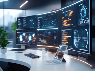 Fototapeta premium Futuristic Control Room for Data Analysis and Monitoring