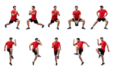 Healthy and active young man in sportswear with different professional fitness posture set of weight lifting squat training with cardio exercise on isolated background in gaiety full body length shot.