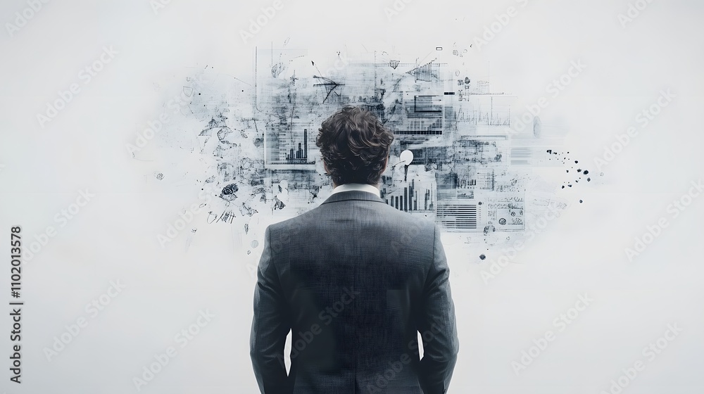 Poster A man in a fitted gray suit presents detailed 3D financial projections emerging from a whiteboard. The background is a plain, solid white studio backdrop