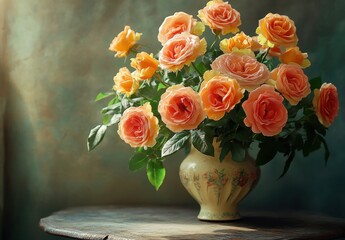 Elegant Arrangement of Soft Peach and Yellow Roses in a Beautiful Vintage Vase Against a Subtle Textured Background for Floral Decor and Design Inspiration