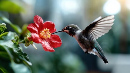 Naklejka premium A beautiful hummingbird hovers in mid-air, feeding delicately from a vibrant red flower, capturing the essence of nature's grace and elegance in a serene garden setting.