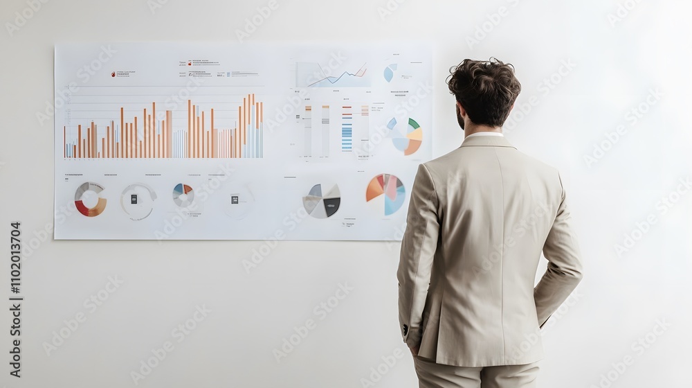 Aufkleber A man in a crisp beige suit stands confidently beside a whiteboard displaying dynamic 3D data analytics. The background is a plain, solid white studio backdrop