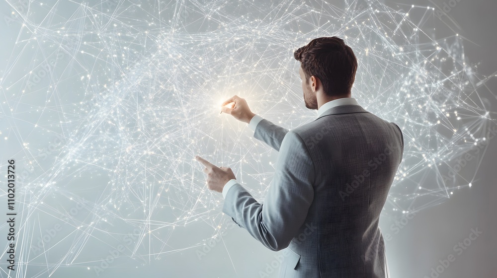 Poster a man in a light gray suit writes on a whiteboard, observing glowing 3d trend lines floating above t