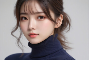 Beauty portrait of a beautiful young woman in a turtleneck sweater. Beautiful bare face, winter image. タートルネックのセーターを着た美しい若い女性の美容ポートレート。美しい素顔、冬のイメージ。
