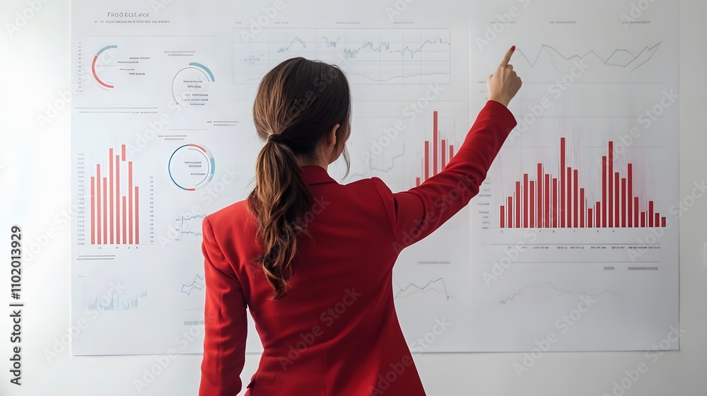 Poster a woman in a tailored red blazer stands near a whiteboard, pointing at detailed 3d trend graphs emer