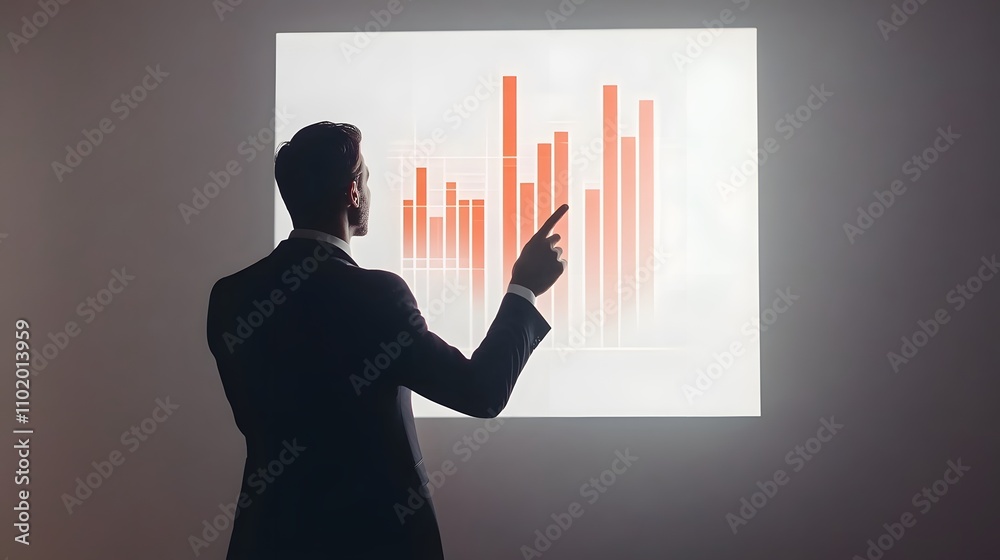Poster A man in a classic black suit gestures toward a 3D bar graph hovering above a whiteboard. The background is a plain, solid white studio backdrop