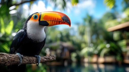 Fototapeta premium A colorful toucan sits on a branch, surrounded by vibrant green leaves and sunlight, representing beauty and vibrancy in a natural tropical setting.