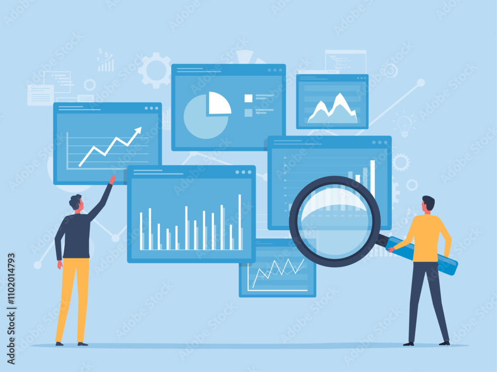 Leinwandbilder business team analytics graph report on web dashboard monitor concept and flat vector illustration design data analytics research for business finance investment planning.