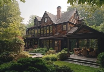 Obraz premium Elegant Wooden House Surrounded by Lush Greenery with Cozy Outdoor Seating Area and Beautiful Stone Pathway in a Serene Garden Environment