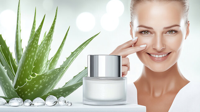 Strahlende Frau mit Aloe Vera und Cremeglas als Produktpr&auml;sentation