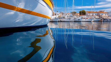 A lively marina featuring colorful boats docked side by side with their vibrant reflections dancing on the shimmering water, capturing a bustling seaside ambiance.