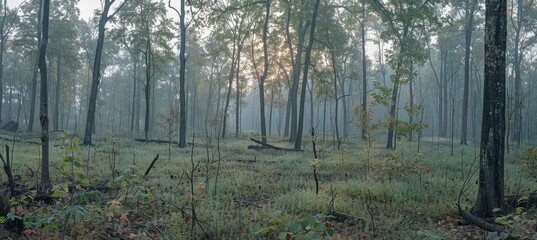 Obraz premium Misty dawn in the forest sunlight filtering through trees with a carpet of fallen leaves