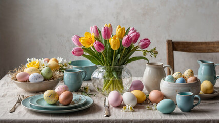 Easter table setting decorated with colorful eggs and spring flowers. (Generative AI)