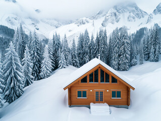 Naklejka premium Cozy Cabin Nestled in Snowy Mountain Forest