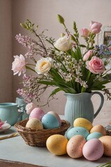 Pastel easter eggs and spring flowers creating a festive atmosphere. (Generative AI)