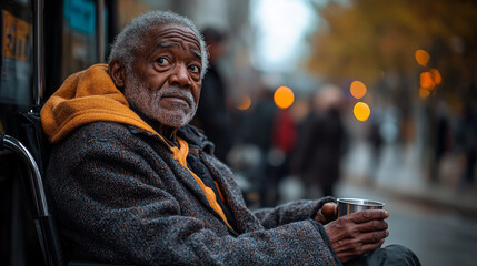 Elderly African American man in a wheelchair sits at a bustling intersection, as city lights begin...