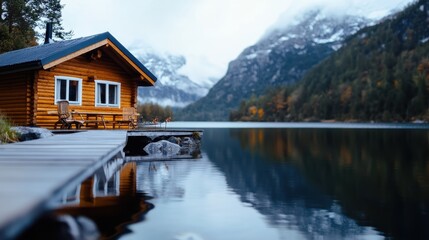 Fototapeta premium A captivating log cabin positioned beside a serene lake, reflecting the misty mountains, creating an atmosphere infused with peace and meditative contemplation.