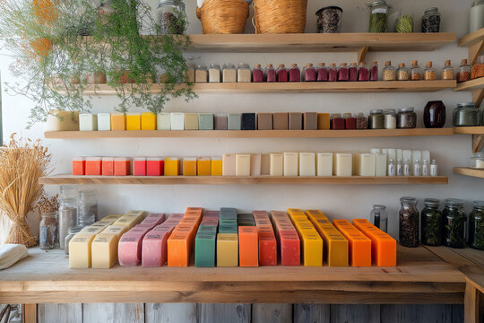 A small soap-making studio with shelves lined with colorful, handcrafted soap bars and dried herbs.