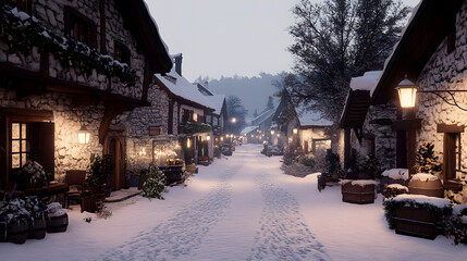 Fototapeta premium Narrow Snow-Covered Cobblestone Street in an Alpine Town – A Picturesque Winter Scene Full of Charm and Tranquility