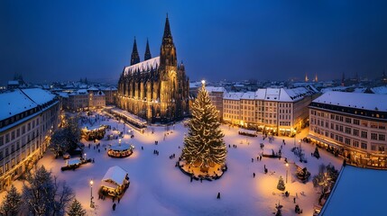 Obraz premium A wide-angle panorama of a grand cathedral surrounded by a snowy square, where a massive Christmas tree glows brightly, creating a focal point for the festive atmosphere.