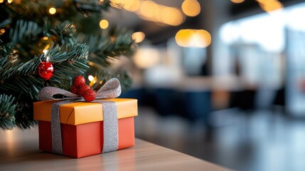 An indoor scene featuring a beautifully wrapped red and gold gift box placed under a Christmas tree adorned with lights and festive ornaments on a wooden table.