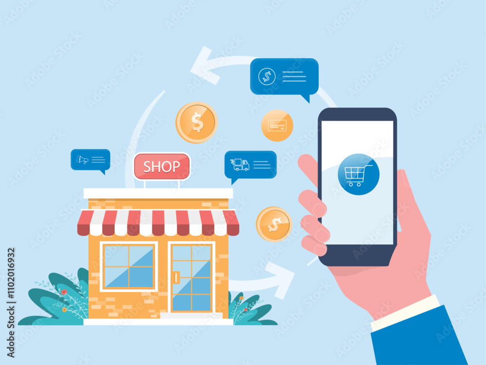 Aufkleber business online shopping store and online payment with mobile application concept. flat vector illus