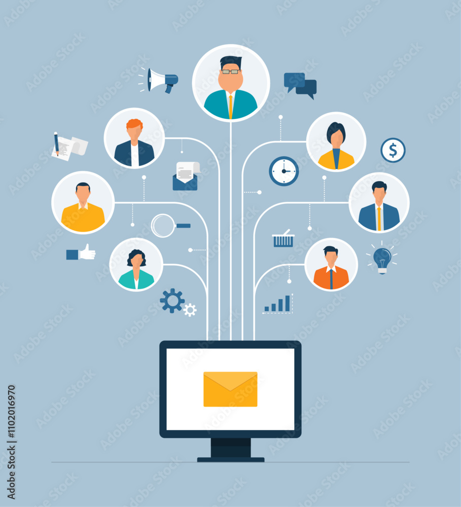 Poster flat vector illustration business email marketing connection to online people concept.
smart working with online meetings  and business teams working from anywhere with internet wireless technology.
