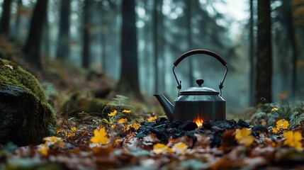 A kettle resting on stones amidst a forest, surrounded by autumn leaves.