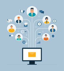 flat vector illustration business email marketing connection to online people concept.
smart working with online meetings  and business teams working from anywhere with internet wireless technology.
