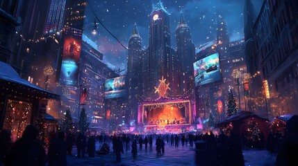 A sweeping view of a grand holiday concert in a city square, with a glowing stage, colorful lights, and a festive crowd enjoying the celebration.