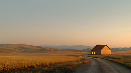 Fototapeta premium Peaceful Rural Landscape at Dusk with a Winding Dirt Road – A Serene Evening Scene of Tranquility and Natural Beauty