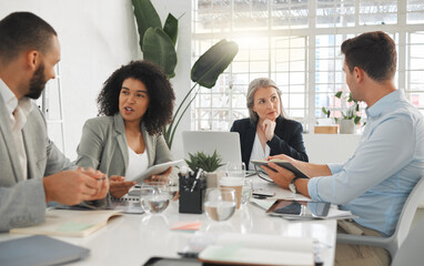 Office, teamwork and business people with discussion in meeting, planning and case review in law...
