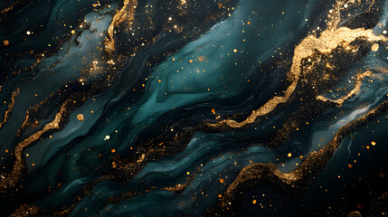 Abstract Fluid Art with Green, Black, Gold and Sparkling Elements