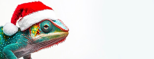 Close-up of a chameleon wearing a santa hat  on a white
 background, suitable for a web design or presentationor as a banner for a website header, with ample copy space