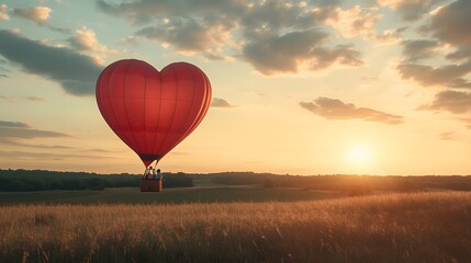 Fototapeta premium A cinematic shot of a heart-shaped hot air balloon floating over a serene countryside at sunset, with warm light reflecting off the basket holding a couple.